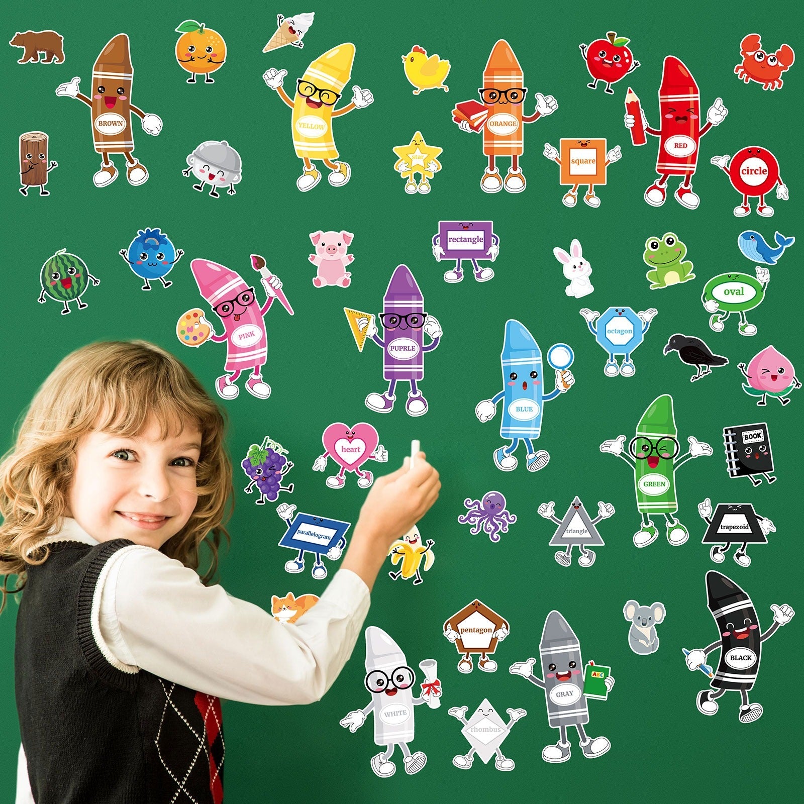 50 Pcs Color Bulletin Board Classroom Decorations,Crayon Shapes Fruit Animal Cutouts Color Posters For Toddler Kids Learning Nursery Preschool Classroom Chalkboard Back To School Home Wall Door Decor
