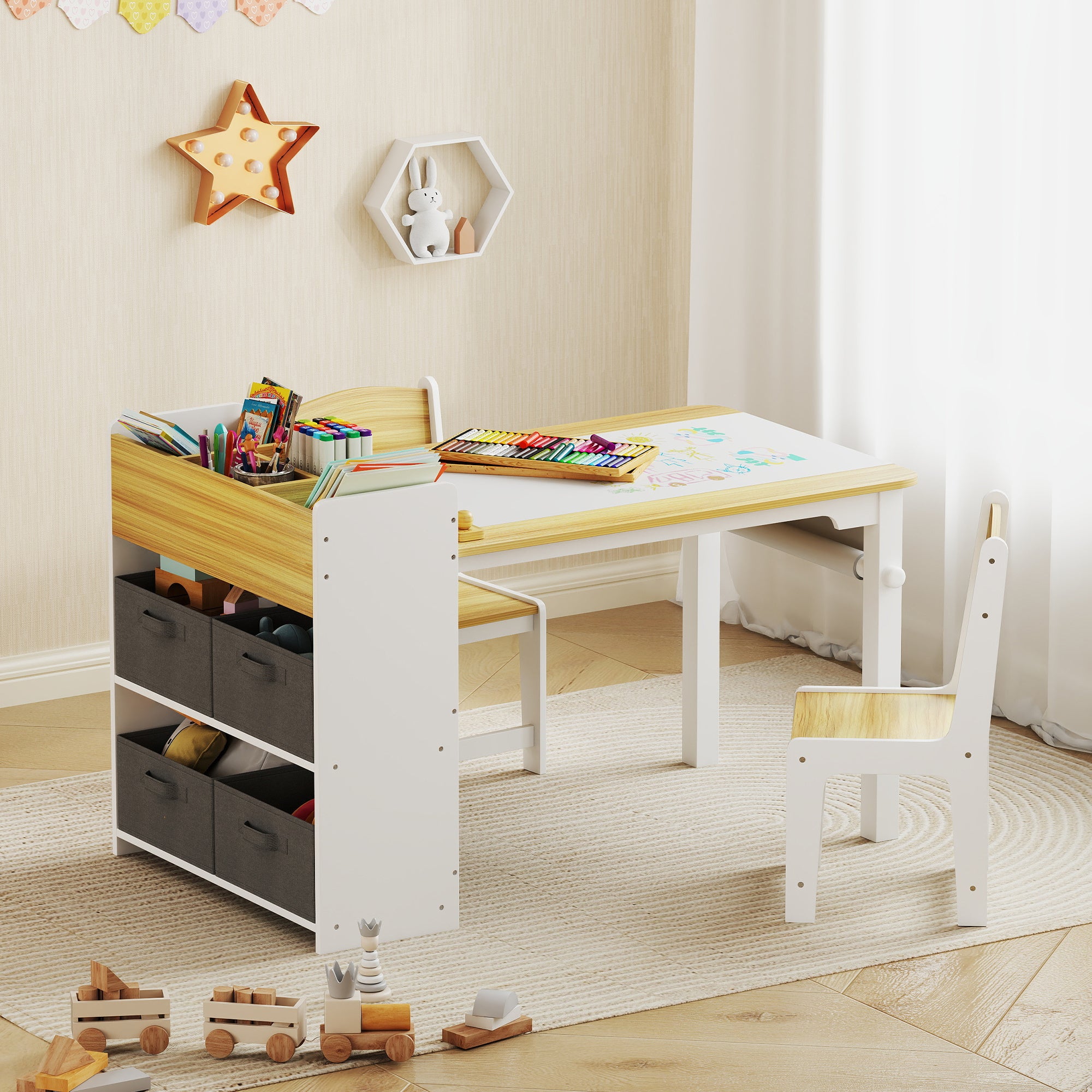 Desk And Chair Set With Paper Roll, Kids Activity Craft Table With Storage Shelves And Drawers, Natural Wood