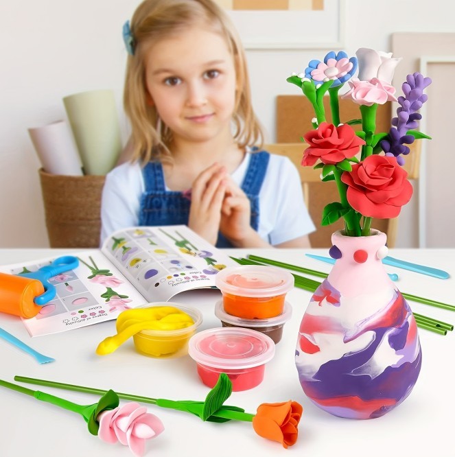Air Dry Clay Vase Bouquet Craft Kit, 10 Pieces Modeling Clay Flower Art And Craft DIY Set For Boys And Girls, Improve Fine Motor Skills And Hand-Eye Coordination, Great Gift Idea For Boys And Girls