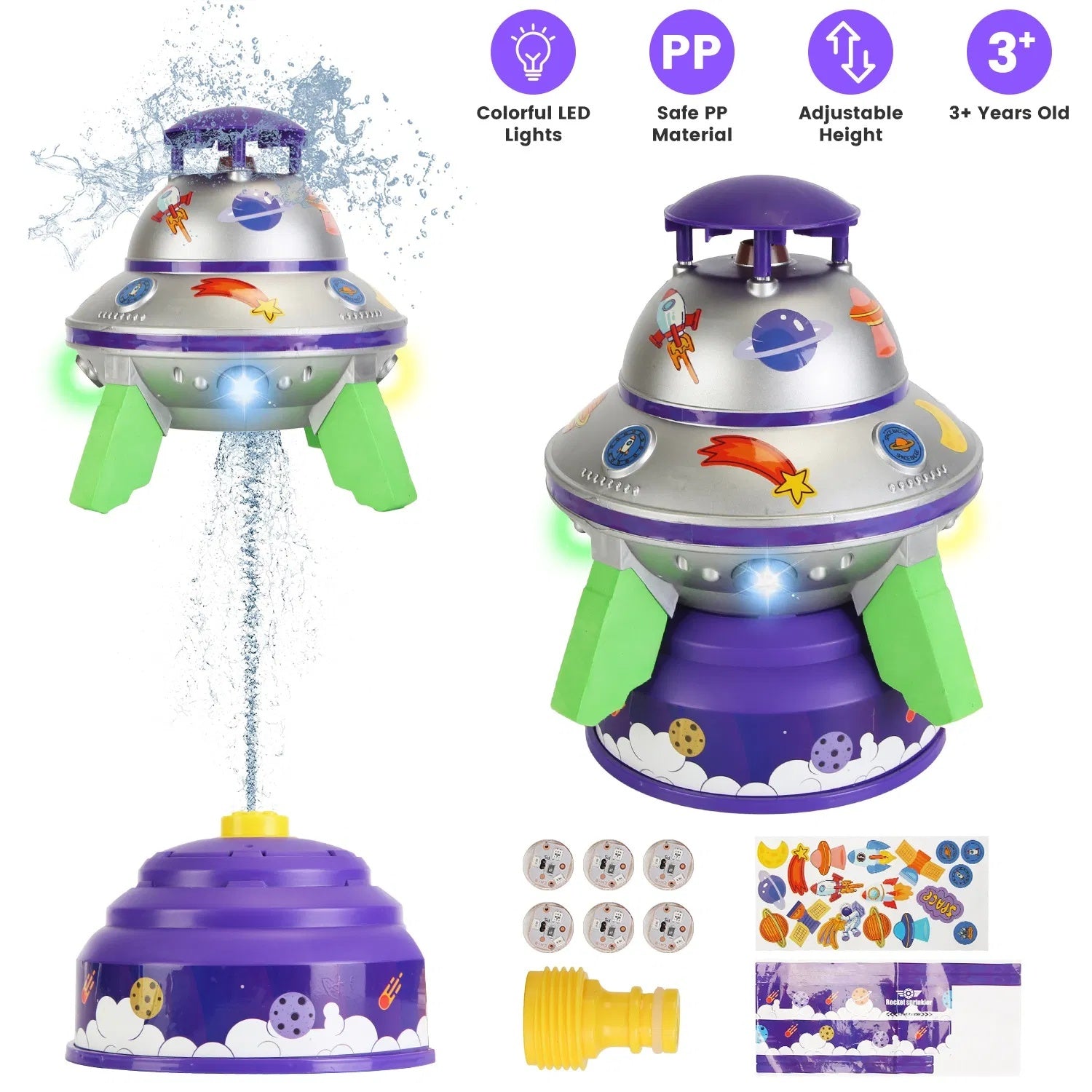 UFO Water Sprinkler Outdoor Summer Rocket Toy With Colorful LED Lights Spinning 1.64FT To 6.56FT Adjustable Height Birthday Summer Gift For Girls Boys Aged Years Old GPCT5465