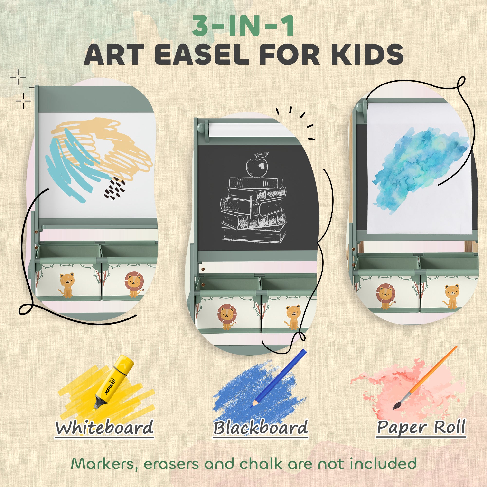 Art Easel For Kids, Double-Sided Whiteboard & Chalkboard With Paper Roll, Storage Baskets For Toddlers Ages 3-8, Green