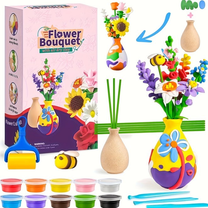 Air Dry Clay Vase Bouquet Craft Kit, 10 Pieces Modeling Clay Flower Art And Craft DIY Set For Boys And Girls, Improve Fine Motor Skills And Hand-Eye Coordination, Great Gift Idea For Boys And Girls