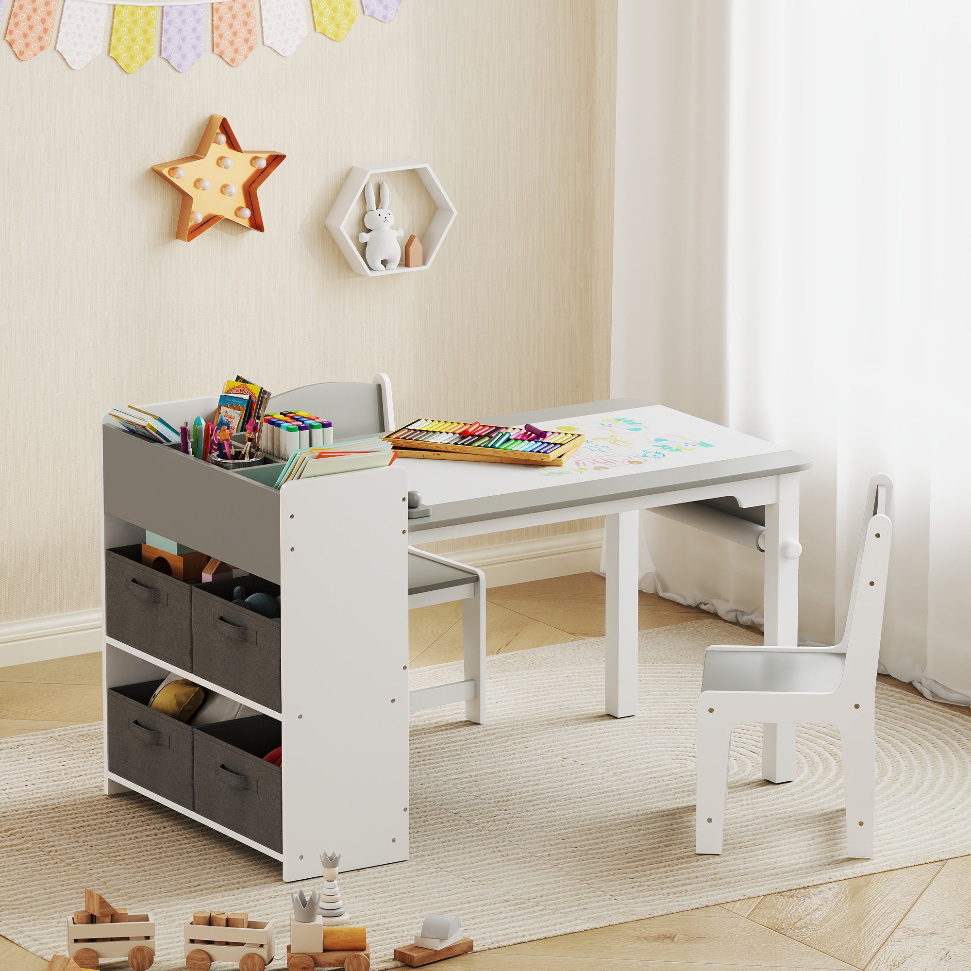 Desk And Chair Set With Paper Roll, Kids Activity Craft Table With Storage Shelves And Drawers, Gray