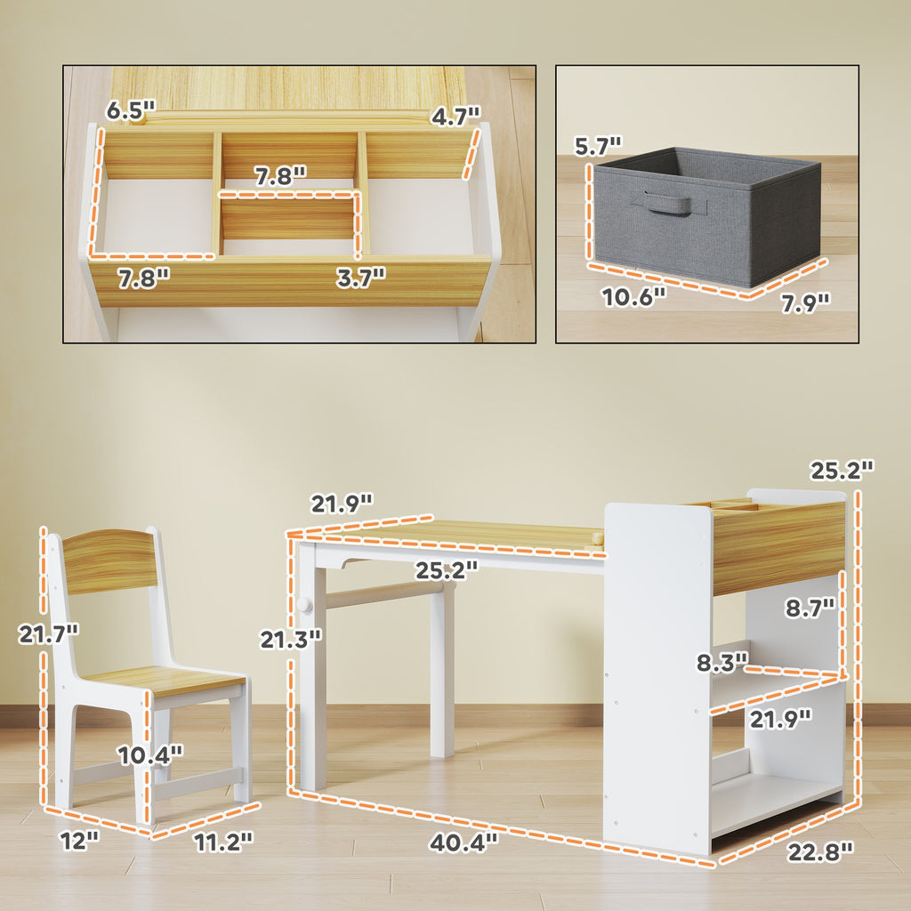 Desk And Chair Set With Paper Roll, Kids Activity Craft Table With Storage Shelves And Drawers, Natural Wood