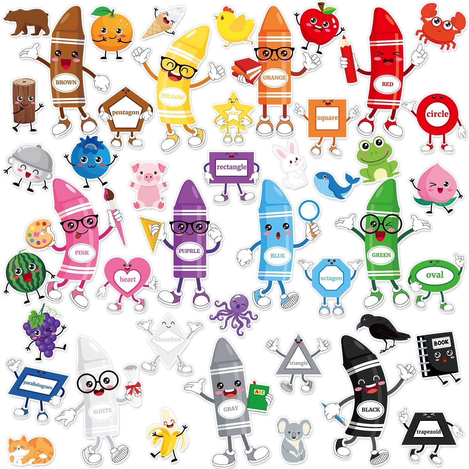 50 Pcs Color Bulletin Board Classroom Decorations,Crayon Shapes Fruit Animal Cutouts Color Posters For Toddler Kids Learning Nursery Preschool Classroom Chalkboard Back To School Home Wall Door Decor