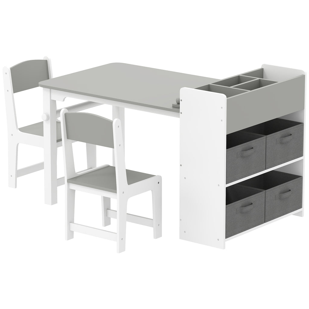 Desk And Chair Set With Paper Roll, Kids Activity Craft Table With Storage Shelves And Drawers, Gray