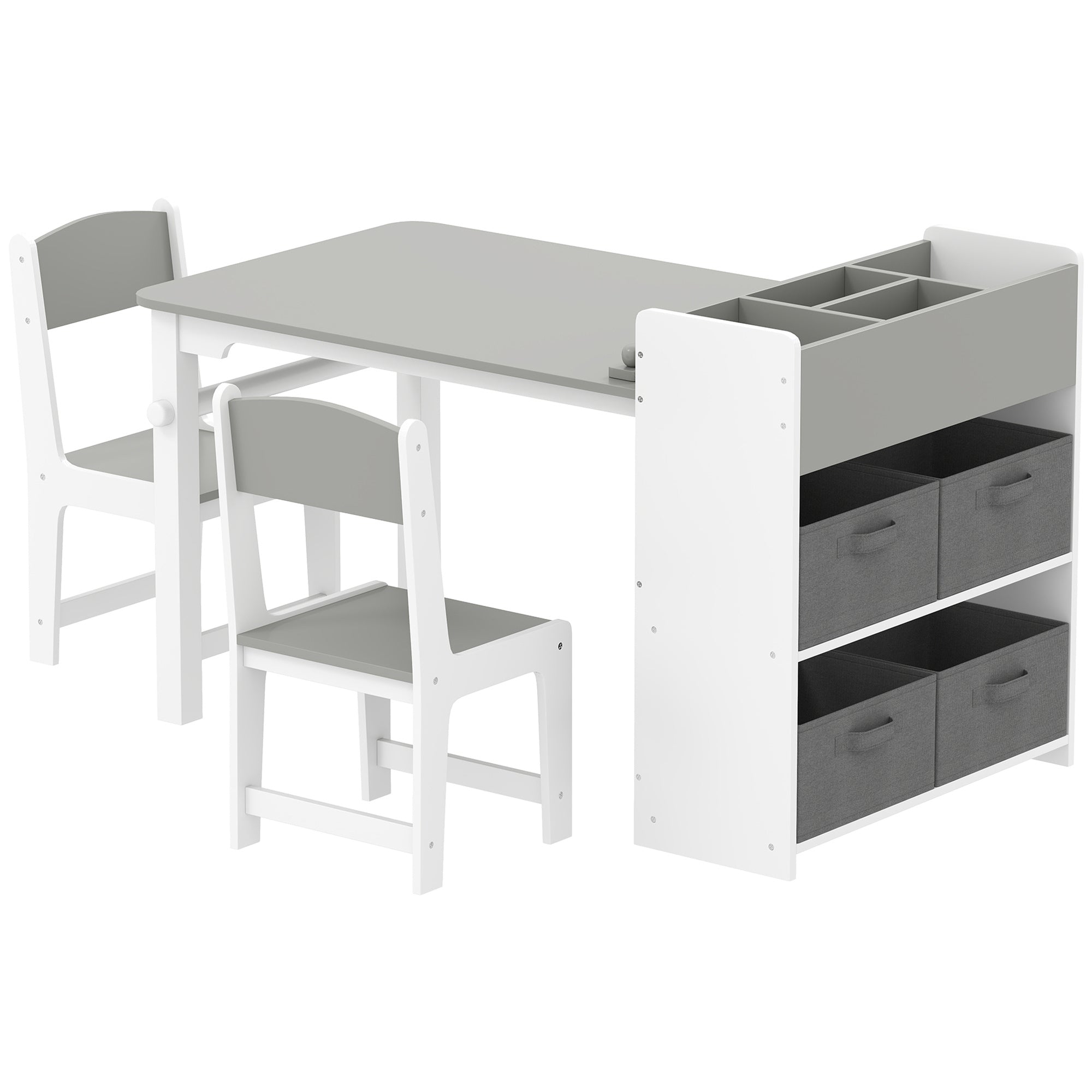 Desk And Chair Set With Paper Roll, Kids Activity Craft Table With Storage Shelves And Drawers, Gray