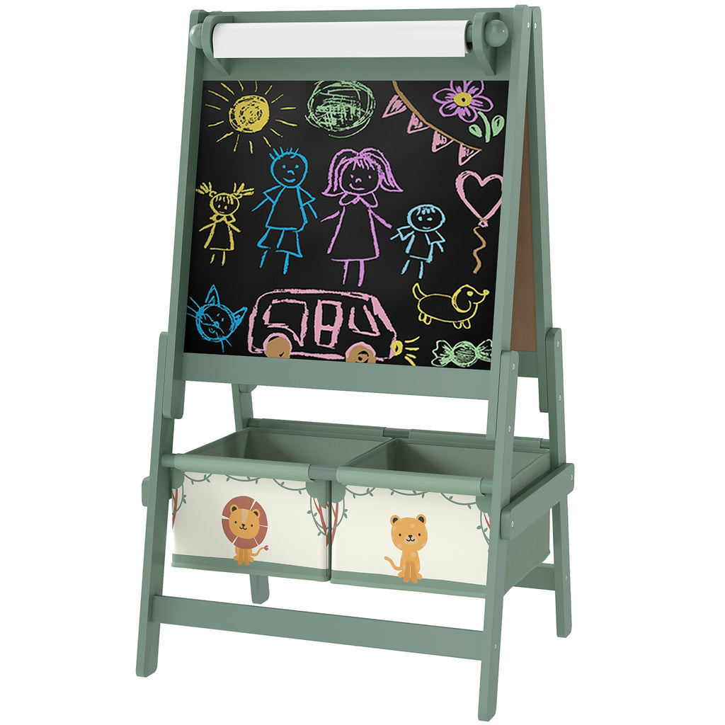 Art Easel For Kids, Double-Sided Whiteboard & Chalkboard With Paper Roll, Storage Baskets For Toddlers Ages 3-8, Green