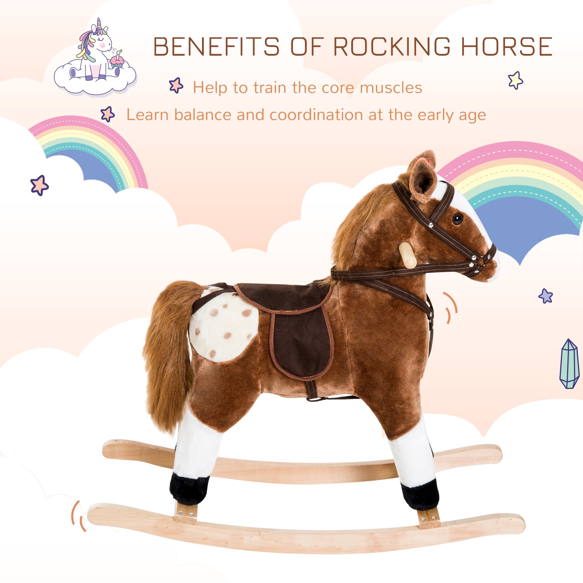 Plush Rocking Horse For Kids, Brown, Realistic Sounds, Ride-On Toy For Children 3