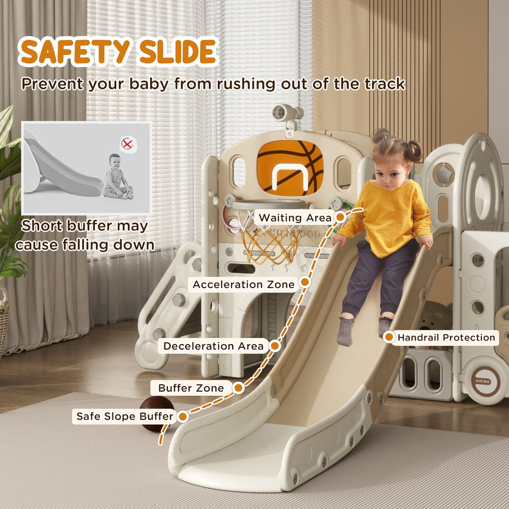 9 In 1 Toddler Slide For Kids Ages 1-6 With Bus Front, Basketball Hoop, Climber, Storage Space, Ring Toss, Cream White