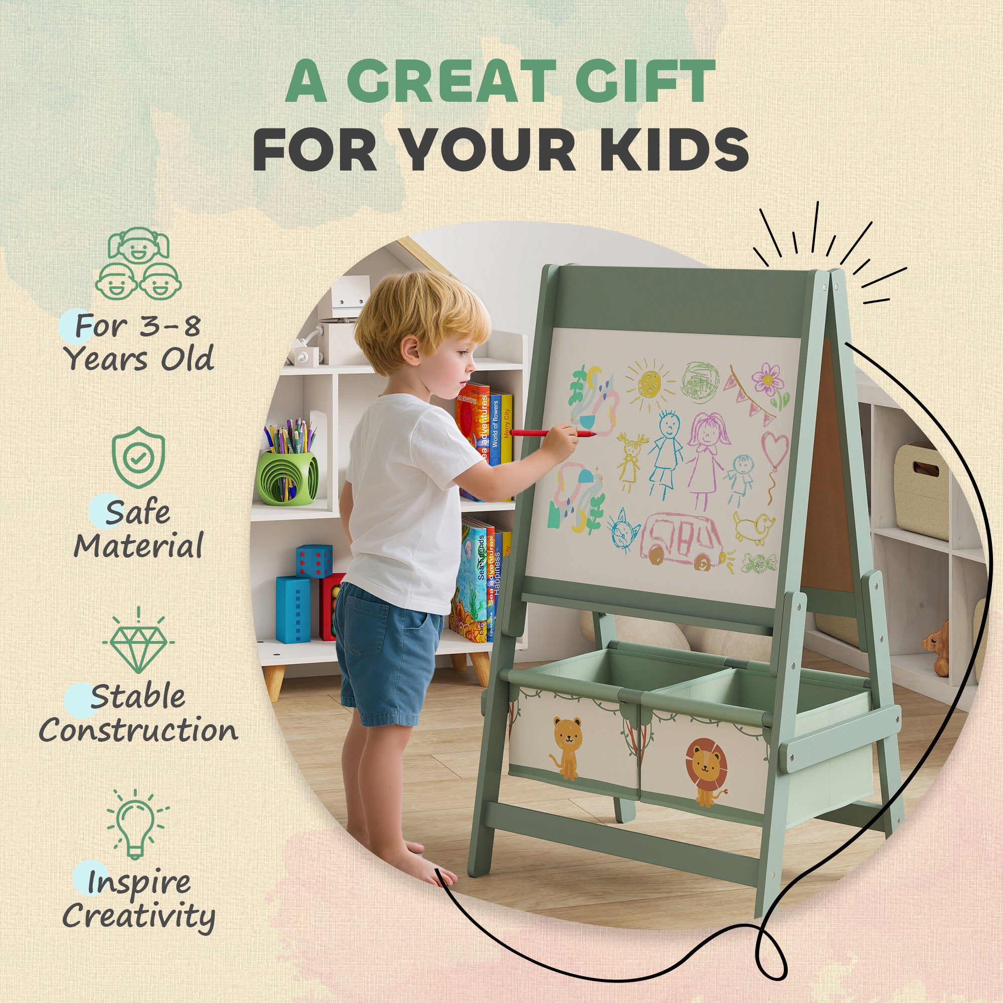 Art Easel For Kids, Double-Sided Whiteboard & Chalkboard With Paper Roll, Storage Baskets For Toddlers Ages 3-8, Green