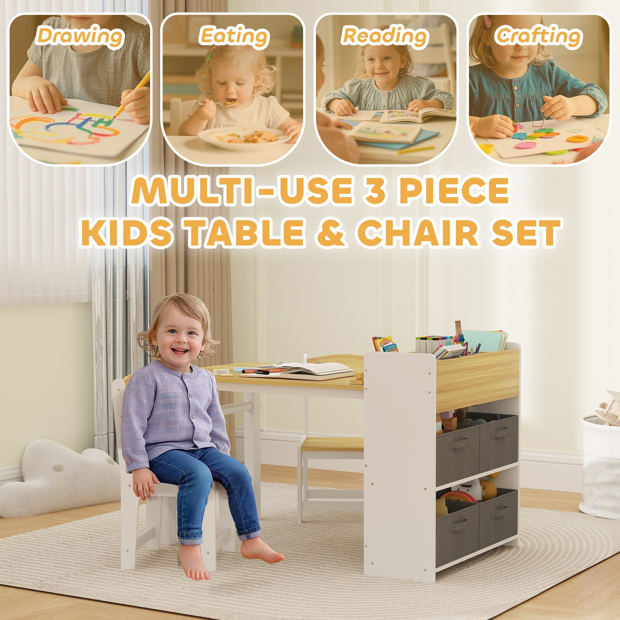 Desk And Chair Set With Paper Roll, Kids Activity Craft Table With Storage Shelves And Drawers, Natural Wood