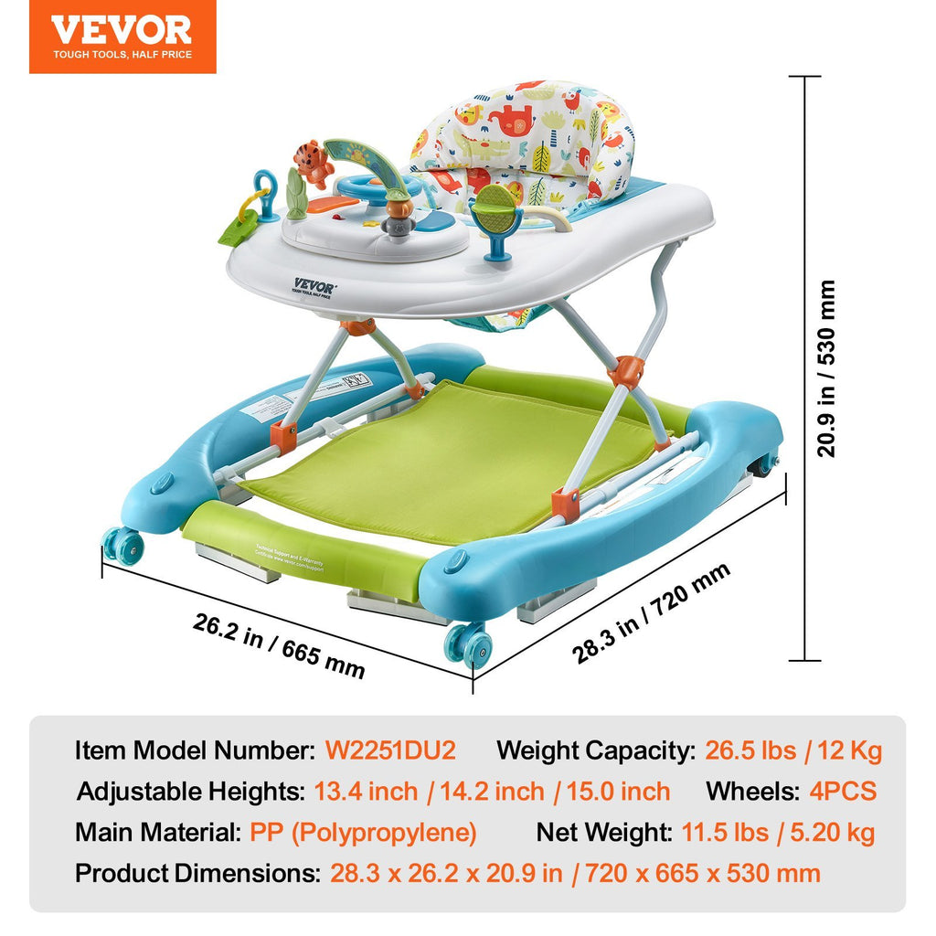 4-in-1 Baby Walker, Foldable Baby Activity Center On Wheels, 3 Adjustable Height, Music  Toys Tray, Learning-Seated Walk-Behind  Rocker Bouncer Toddler Walker For Girls Boys 6-24 Months